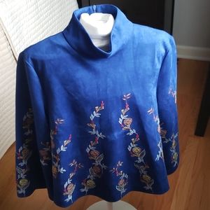 Zara Blue Embroidered Faux Suede Top 3/4 Sleeve M
